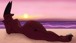 anthro beach big_butt biped black_horn black_nose black_outline black_sclera breast_squish breasts brown_body butt eyelashes feet female hands_on_chin horn long_eyelashes looking_at_viewer looking_back lying notched_ear nude nude_beach on_front outline outside painted_background pink_sky rear_view red_eyes sand seaside side_boob sky slight_smile solo squish sunset wave criminalbunnydraws bovid caprine caprine_demon demon goat goat_demon mammal 16:9 digital_media_(artwork) full-length_portrait hi_res portrait shaded soft_shading widescreen