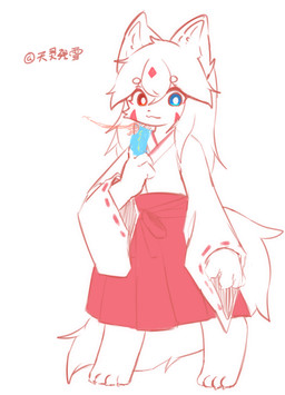 4_fingers anthro big_ears big_tail breasts claws female finger_claws fingers fur hair kemono long_hair looking_at_viewer nude paws smile solo tail text canxue canxue_(character) canid canine fox mammal chinese_text hi_res monochrome signature