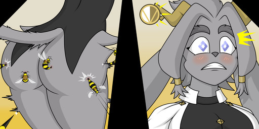 anthro antlers bee_sting blush bottomless butt butt_torture clothed clothing eyebrows female gameplay_mechanics gui health_bar horn leg_torture limb_torture pain reddened_butt solo tail thick_eyebrows bsting pseudoregalia sybil_(pseudoregalia) arthropod bee bovid caprine domestic_cat felid feline felis goat hybrid hymenopteran insect jackalope lagomorph leporid mammal rabbit 2:1 absurd_res hi_res