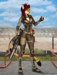 anthro armor biped breasts cleavage clothed clothing countershade_face countershading female fur gun inner_ear_fluff markings multicolored_body multicolored_fur orange_body orange_fur ranged_weapon shooting_range smile solo spots spotted_body spotted_fur standing tan_body tan_fur text tuft weapon romanginzburg daemon_chack cheetah felid feline mammal 2021 english_text signature