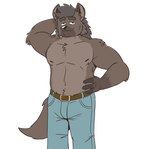 anthro belt belt_buckle bezzeroo_(character) black_eyes black_nose blue_bottomwear blue_clothing blue_jeans blue_pants bottomwear brown_belt brown_body brown_fur brown_hair clothed clothing denim denim_bottomwear denim_clothing fur hair half-closed_eyes hand_behind_head hand_on_hip heyitscousindave hi_res hyena jeans male mammal narrowed_eyes nipples pants shirtless smile solo spotted_hyena topless yellow_belt_buckle