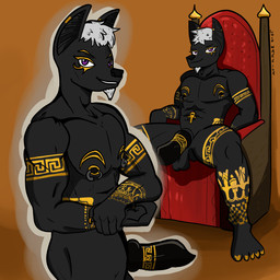 animal_genitalia animal_penis anthro arm_tattoo balls belly_tattoo black_body black_penis canine_genitalia canine_penis chair chest_tattoo facial_hair facial_tattoo flexing flexing_bicep furniture genital_tattoo genitals goatee hair knot knotted_penis leg_tattoo male muscular nipple_piercing nipples penis penis_tattoo piercing solo tattoo throne white_hair loin_warrior abrahm_west-eden anubian_jackal canid canine canis jackal mammal 1:1 hi_res