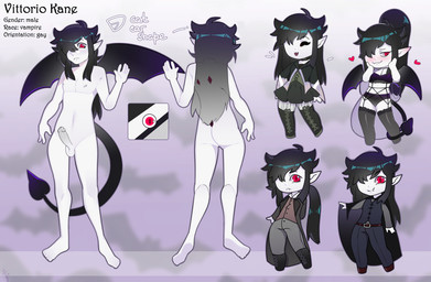 alternative_fashion bat_wings bdsm black_hair blush bondage bound butt clothing dress fangs genitals gesture grey_nipples grey_penis hair humanoid_pointy_ears j-fashion legwear lingerie long_hair male membrane_(anatomy) membranous_wings nipples ouji_(fashion) pale_skin penis pointy_ears red_eyes sharp_teeth skinny solo spade_tail tail teeth text thick_thighs tight_clothing tights victorian waving wide_hips wings freakster vittorio_kane humanoid vampire english_text model_sheet