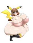 absurd_res alternate_species animal_humanoid big_breasts blush breasts brown_hair female generation_1_pokemon hair hi_res holding_breast huge_breasts humanoid humanoidized luditima nintendo obese obese_female obese_humanoid overweight overweight_female overweight_humanoid pikachu pokemon pokemon_(species) pokemon_humanoid pokemorph simple_background solo thick_thighs white_background