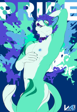 abstract_background animal_genitalia anthro bell bell_collar blue_hair blue_inner_ear blue_nipples blue_nose blue_tongue collar eyes_closed fangs fully_sheathed fur genitals green_body green_fur hair hand_behind_head male male_anthro nipples nude open_mouth open_smile sheath short_hair side_view smile solo standing teeth tongue white_body white_fur vesper_art vesper_(vesper_art) felid mammal absurd_res hi_res portrait three-quarter_portrait