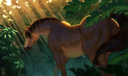 anatomically_correct anatomically_correct_anus animal_genitalia anus equine_anus equine_genitalia feral forest fur genitals male outside plant puffy_anus quadruped smile solo tail tree jaribka equid equine horse mammal digital_media_(artwork) hi_res