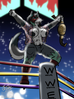 aloha_shirt anthro big_breasts boots bottomwear breasts bulge championship_belt clothed clothing crowd denim denim_bottomwear denim_clothing fighting_ring footwear green_body grey_body group gynomorph intersex jeans lipstick lit_from_behind lucha_libre_mask luchador makeup mask muscular muscular_gynomorph muscular_intersex open_clothing open_shirt open_topwear pants pattern_clothing pattern_shirt pattern_topwear pose red_sclera scar shirt shoes solo sports_mask sportswear topwear torn_bottomwear torn_clothing torn_pants wearing_mask white_body white_eyes wrestler wrestling wrestling_mask frooby canid canine canis mammal wolf 3:4 absurd_res hi_res