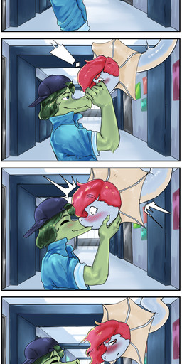 5_fingers anthro backwards_baseball_cap backwards_hat baseball_cap blue_clothing blue_eyes blue_jacket blue_topwear blush blush_lines blush_stickers claws clothing detailed_background duo eyelashes eyes_closed female finger_claws fingers frill_(anatomy) green_body green_hair green_scales grey_body grey_scales hair hallway hat head_crest head_frill headgear headwear inside jacket kissing light_body light_scales long_neck magenta_hair male male/female medium_hair multicolored_body multicolored_scales red_eyes scales school school_hallway sharp_teeth smile snout snout_grab surprise_kiss surprised teeth topwear two_tone_body two_tone_scales sakamtosng cavemanon_studios i_wani_hug_that_gator petunia_(iwhtg) trent_(iwhtg) baryonyx brachiosaurid brachiosaurus dilophosaurid dilophosaurus dinosaur hybrid macronarian prehistoric_species reptile saurischian sauropod sauropodomorph scalie spinosaurid theropod 2026 absurd_res comic hi_res