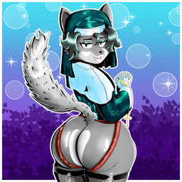 5_fingers ambiguous_gender anthro big_butt bottomwear butt clothed clothing detailed_background exposed_butt femboy fingers fishnet_clothing fishnet_legwear fur grey_body grey_fur hair jockstrap legwear looking_at_viewer looking_back male nun_outfit religious_symbol simple_background smile solo tail thick_thighs underwear white_body white_fur wide_hips axelkirby axel_(axelkirby) canid canine fox grey_fox mammal urocyon 1:1 2026 absurd_res digital_drawing_(artwork) digital_media_(artwork) hi_res monochrome