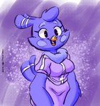 anthro breasts clothed clothing feathers female non-mammal_breasts purple_body purple_feathers smile solo joaoppereiraus super_planet_dolan melissa_morgan avian bird 2018 digital_media_(artwork) hi_res portrait three-quarter_portrait