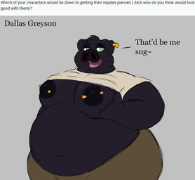 anthro big_butt black_body black_ears black_hair black_nipples black_nose bottomwear brown_bottomwear brown_clothing brown_pants butt clothed clothing dialogue ear_piercing ear_ring green_eyes hair half-closed_eyes hand_on_moob hand_on_own_moob huge_butt looking_at_viewer male markings mole_(marking) moobs narrowed_eyes nipple_piercing nipples obese obese_anthro obese_male overweight overweight_anthro overweight_male pants piercing q&a question question_mark raised_clothing raised_t-shirt raised_topwear ring_piercing shirt smile solo standing t-shirt tan_clothing tan_shirt tan_t-shirt tan_topwear text thick_thighs three-quarter_view tongue topwear colossalstars dallas_greyson_(colossalstars) domestic_pig mammal suid suine sus_(pig) 2025 character_name digital_media_(artwork) english_text hi_res