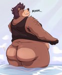 anthro armpit_hair belly body_hair bottomless bottomless_male brown_body brown_fur butt clothed clothing countershade_butt countershading eyes_closed fur hair legs_in_water male overweight overweight_male partially_submerged rear_view shirt shirt_only short_tail snaggle_tooth solo sparkles tail tank_top tank_top_only tank_top_pull topwear topwear_only water bearafterall jan_(bearafterall) bear mammal 2022 hi_res