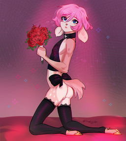 accessory anthro blue_eyes bow_(feature) bow_accessory bow_ribbon clothed clothing collar crossdressing femboy flower furgonomics hair heart_symbol holding_flower holding_object hooves legwear male pattern_background pink_body pink_hair plant ribbons rose_(flower) scut_tail short_tail simple_background solo stockings tail tail_accessory tail_bow tail_ribbon yellow_hooves targso deer mammal 2021