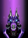 anthro armor blue_eyes clothing filter gas_mask headgear helmet horn latex machine male mask purple_body solo spikes suit synthetic tube dizrahk_(artist) mythology dragon mythological_creature mythological_scalie scalie 3:4 headshot_portrait hi_res portrait