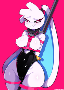 bare_shoulders big_breasts big_ears black_clothing black_leotard blush blush_lines bound breasts camel_toe clothing collar featureless_breasts female fur genital_outline hands_behind_back leotard long_ears looking_at_viewer navel_outline pink_background pole ponytail_ears pupils red_eyes scrunchie simple_background skindentation smile smiling_at_viewer solo spiked_collar spikes strapless_clothing strapless_leotard stripper_pole text thick_thighs vulva_outline white_body white_fur white_pupils wide_hips sheerly_(artist) deco_27_(producer) rabbit_hole_(deco_27) calamity_(sheerly) animal_humanoid humanoid lagomorph lagomorph_humanoid leporid_humanoid mammal mammal_humanoid rabbit_humanoid digital_drawing_(artwork) digital_media_(artwork) hi_res url