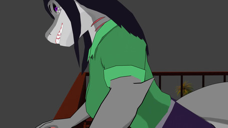 anthro big_breasts big_butt black_hair breasts butt clothing female gills green_clothing grey_body hair long_hair non-mammal_breasts purple_eyes shark_tail shark_teeth solo tongue tongue_out usmarr45 daniela_sanchez fan_character aquatic fish shark 16:9 3d_(artwork) 3d_animation animated blender_(artwork) digital_media_(artwork) hi_res no_sound short_playtime unfinished video widescreen trans_(lore) trans_woman_(lore)