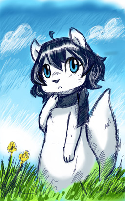 anthro black_hair black_scarf blue_eyes blue_sky chibi eyelashes female flower glistening glistening_eyes grass hair looking_at_viewer mouth_closed outside plant scarf semi-anthro sky solo standing tail white_body white_tail penguinexperience 5:8 hi_res sketch