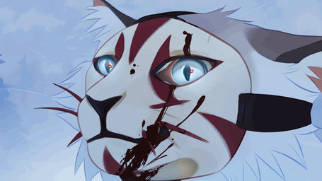 ambiguous_form ambiguous_gender blood blue_eyes bodily_fluids cheek_tuft facial_tuft fur glistening glistening_eyes grey_ears inner_ear_fluff mask obscured_face pupils slit_pupils solo tuft wearing_mask white_body white_fur white_inner_ear_fluff justkiddinb 16:9 animated hi_res widescreen