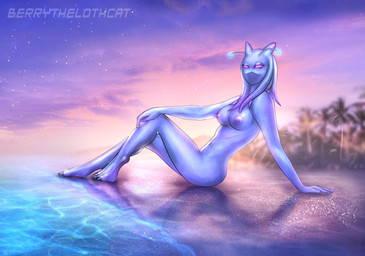 3_toes 5_fingers antennae_(anatomy) areola arm_support beach biped blue_antennae blue_areola blue_body blue_claws blue_nipples blue_skin breasts claws digitigrade evening feet female female_humanoid fingernails fingers glowing glowing_antennae half-closed_eyes head_tentacles head_turned humanoid_hands leaning leaning_backward light looking_at_viewer medium_breasts mouthless nails narrowed_eyes navel nipple_dip nipples noseless not_furry nude nude_female nude_humanoid palm_tree pink_eyes plant pose sand sea seaside shadow sitting sky solo star starry_sky text toe_claws toes tree water berrythelothcat alien alien_humanoid humanoid 2026 artist_name hi_res lighting pinup shaded