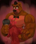 anthro anthro_on_anthro areola barazoku biceps big_muscles big_pecs bow_tie brown_body brown_fur clothing duo electronics eyebrows face_in_chest fur hat headgear headwear heart_symbol holding_microphone holding_object hook hook_hand interspecies male male/male microphone muscular muscular_anthro muscular_male nipples nude pec_smothering pecs red_body red_fur size_difference top_hat cupcake2007 five_nights_at_freddy's scottgames foxy_(fnaf) freddy_(fnaf) bear canid canine fox mammal 2023 digital_media_(artwork) hi_res