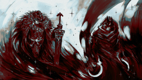 anthro armor biped breastplate cloak clothing duo holding_melee_weapon holding_object holding_sword holding_weapon male melee_weapon sickle sword weapon eruprior dreamworks elden_ring fromsoftware puss_in_boots_(franchise) blaidd_(elden_ring) death_(puss_in_boots) canid canine canis mammal wolf 2023 absurd_res crossover digital_media_(artwork) hi_res