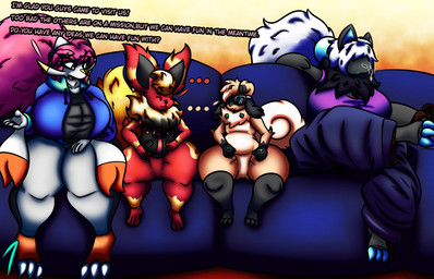 anthro breasts crossed_legs dark_body dark_fur female fur furniture group looking_at_another male male/female on_sofa red_body red_fur sitting sitting_on_sofa sofa talking_to_another text destiny's_art nintendo pokemon jay_(dusk_rioluff) neon_dark_(destiny-yuuei) rosy_(destiny's_art) canid canine canis eeveelution flareon generation_1_pokemon generation_5_pokemon generation_7_pokemon mammal mienshao pokemon_(species) rockruff wolf 14:9 english_text hi_res