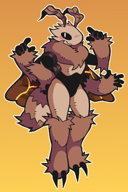 2_claws 4_arms 4_fingers antennae_(anatomy) anthro arthropod_abdomen biped black_body black_sclera black_skin blush brown_body brown_fur claws digitigrade fingers fur insect_wings kintsugi_(art) lepidopteran_wings looking_at_viewer male multi_arm multi_limb neck_tuft orange_background outline simple_background solo standing striped_body striped_fur stripes tuft white_eyes white_outline wings agrimmora floof_(binaryfloof) arthropod insect lepidopteran moth 2:3 absurd_res hi_res