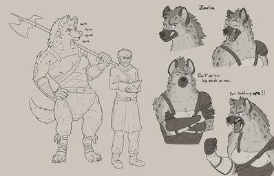 anthro belt claws clothed clothed_anthro clothed_female clothing feet female female_anthro fully_clothed fully_clothed_anthro fully_clothed_female fur halberd hand_on_hip hindpaw larger_anthro larger_female male male_human mane markings melee_weapon muscular muscular_female paws polearm size_difference smaller_human smaller_male spots spotted_body spotted_fur toe_claws weapon wraps conditional_dnp ekayas isaac_(abandoned) zaria_(abandoned) human hyena mammal hi_res