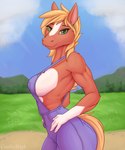 anthro big_breasts big_butt blonde_hair breasts butt clothed clothing female gloves_(marking) green_eyes hair hands_on_hips looking_at_viewer markings muscular muscular_anthro muscular_female outside overalls overalls_only side_boob smile solo standing cooliehigh bailey_(cooliehigh) equid equine horse mammal 2019 5:6 hi_res