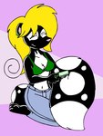 blonde_hair bottomwear brush clothing denim denim_bottomwear denim_clothing female fur hair jeans markings pants spots spotted_body spotted_fur tabbiewolf thoe_(tabbiewolf) mammal mephitid skunk low_res