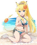 accessory alternative_fashion anthro bikini blonde_hair blue_eyes blush breasts clothed clothed_anthro clothed_female clothing dipstick_ears ear_markings eyebrows eyelashes female female_anthro flower flower_in_hair gyaru hair hair_accessory hime_gyaru himekaji inner_ear_fluff j-fashion multicolored_ears navel open_mouth plant ponytail sea sitting solo swimwear tropical tuft two-piece_swimsuit water white_inner_ear_fluff machikado07 sanrio show_by_rock!! rararin_(show_by_rock!!) animal_humanoid caracal_humanoid felid felid_humanoid feline feline_humanoid humanoid mammal mammal_humanoid hi_res