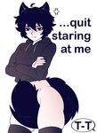 anime_eyes annoyed blush bottomless clothed clothing crossed_arms ellipsis femboy legwear male mouth_closed no_underwear skindentation solo sweatshirt tail_covering_crotch text thigh_highs wolf_tail bro_aniki doomer_(meme) doomer_(bro_aniki) doomer_boy animal_humanoid cat_humanoid felid felid_humanoid feline feline_humanoid humanoid mammal mammal_humanoid english_text hi_res meme