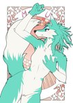 2019 5_fingers absurd_res anthro black_nose blue_eyes breasts canid canine canis crotch_tuft featureless_breasts female fingers fur green_body green_fur hi_res mammal miu_(xan) navel nude solo tuft white_body white_fur wolf xan_(pixiv)