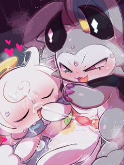 anthro blue_eyes blush blushing_profusely bodily_fluids cat_smile chibi covering covering_mouth cum cum_in_vagina cum_inside cum_on_arm cum_on_ground cum_on_self cum_splatter cumshot dominant dominant_male duo ejaculation eyes_closed fur genital_fluids genitals grey_body grey_fur halo heart_symbol hearts_around_head heterochromia intersex intersex/male leg_glider_position looking_pleasured lying male maleherm motion_lines multicolored_body multicolored_fur narrowed_eyes on_back open_mouth penetration penile penile_penetration penis purple_eyes raised_leg sex steam submissive submissive_intersex sweat two_tone_body two_tone_fur vaginal vaginal_penetration white_body white_fur badwingm devil_connection makemon devilun_(makemon) kupyadel_(makemon) 3:4 hi_res