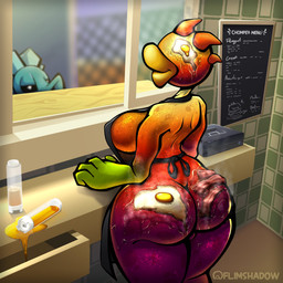 4_fingers ambiguous_gender apron bacon big_breasts big_butt biped black_clothing breasts butt clothed clothing duo egg female fingers food fried_egg genitals huge_butt huge_thighs inside lips meat narrowed_eyes not_furry oil plant rear_view red_body side_boob small_waist solo_focus standing text thick_lips thick_thighs three-quarter_view vulva wide_hips window flimshadow electronic_arts plants_vs._zombies popcap_games chomper_(pvz) elemental_creature elemental_humanoid flora_fauna humanoid mouth_creature plant_humanoid snow_pea_(pvz) 1:1 2025 absurd_res artist_name digital_drawing_(artwork) digital_media_(artwork) english_text hi_res