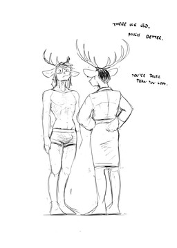 anthro antlers barefoot bulge clothed clothing dialogue erection erection_under_clothing feet horn male robe solo standing_at_attention text underwear underwear_only hladilnik deer_admiral_(hladilnik) marylin_(hladilnik) deer mammal 2025 black_and_white english_text hi_res monochrome sketch