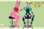 anthro blue_body duo female fur furniture green_body green_eyes looking_at_another looking_at_viewer machine multicolored_body multicolored_tuft pink_body pink_fur pockets screwdriver silver_body sitting smile stool text tools tuft two_tone_tuft yellow_eyes th3geo skullgirls fianxi_kushin robo-fortune avian birbit bird corvid corvus_(genus) crow hybrid lagomorph leporid mammal oscine passerine rabbit robot 3:2 absurd_res english_text hi_res