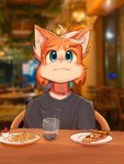 anthro blue_eyes blurred_background clothed clothing countershade_face countershade_fur countershading eyebrows food fries fur inner_ear_fluff male orange_body orange_fur pizza pizza_slice plate shirt solo topwear tuft whiskers princeally casper_(princeally) domestic_cat felid feline felis mammal 3:4 hi_res