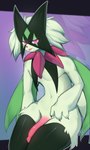 absurd_res anthro cape clothing domestic_cat felid feline felis fur generation_9_pokemon genitals glans glowing glowing_eyes green_body green_fur hi_res legs_together legwear male mammal maxartwolf meowscarada nintendo penis pink_glans pokemon pokemon_(species) purple_eyes solo thigh_highs