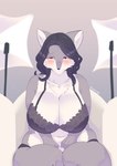 anthro big_breasts blush bra breasts cleavage clothed clothing female female_anthro fur hair huge_breasts kemono multicolored_body multicolored_fur panties sitting solo two_tone_body two_tone_fur underwear ukenya canid canine canis mammal wolf absurd_res hi_res