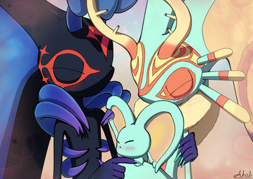 ambiguous_gender anthro antlers big_ears biped bipedal_feral black_body blush blush_lines blush_stickers chest_tuft colored_nails countershade_torso countershading crystal eyes_closed feral fingernails fur group happy head_wings horn huge_wings mouthless multicolored_body multicolored_fur nails neck_tuft notched_ear orange_body orange_fur purple_fingernails purple_nails semi-anthro simple_background size_difference tan_background tan_body tan_fur teal_body teal_fingernails teal_fur teal_nails trio tuft unusual_wing_placement wings ahab_null kirby_(series) kirby_and_the_forgotten_land nintendo elfilin fecto_elfilis genwel_meteonelfilis alien chinchilla chinchillid mammal rodent starling_(kirby) 2026 absurd_res digital_drawing_(artwork) digital_media_(artwork) half-length_portrait hi_res japanese_description portrait signature male_(lore)