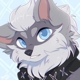 ambiguous_gender black_kerchief black_neckerchief black_nose blue_eyes cheek_tuft facial_tuft fangs feral fur grey_body grey_ears grey_fur grey_hair hair kerchief looking_at_viewer neck_tuft neckerchief neckwear pattern_background red_inner_ear short_hair simple_background solo teeth tuft bloominglynx canid canine mammal 1:1 bust_portrait digital_drawing_(artwork) digital_media_(artwork) hi_res portrait