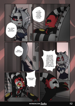 anthro biped bodily_fluids clothed clothing crying dialogue duo female female_anthro fur grey_body grey_fur hair horn male male_humanoid open_mouth pupils red_body red_eyes red_sclera small_waist speech_bubble standing tears text white_body white_eyes yellow_sclera jizoku hellaverse helluva_boss mythology blitzo_(helluva_boss) loona_(helluva_boss) canid canid_demon canine demon hellhound humanoid imp mammal mythological_canine mythological_creature absurd_res comic english_text hi_res url