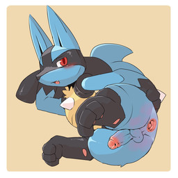 3_fingers 3_toes anthro anus balls biped black_body black_fur black_inner_ear black_markings blue_balls blue_body blue_fur blue_penis blue_tail blush blush_lines border chest_spike erection facial_markings fangs feet fingers foreskin fur gaping gaping_anus genitals glans glistening glistening_body glistening_eyes gloves_(marking) hand_on_butt hand_on_head hand_on_own_butt hand_on_own_head hand_spike head_markings humanoid_genitalia humanoid_penis looking_at_viewer lying male male_anthro markings mask_(marking) mismatched_genitalia mismatched_humanoid_penis mismatched_penis multicolored_body multicolored_fur neck_tuft nude nude_anthro nude_male on_side open_mouth orange_background penis pink_anus pink_glans pink_penis pointy_ears prick_ears red_eyes retracted_foreskin simple_background solo spikes spikes_(anatomy) tail teeth toes tongue tuft white_border yellow_body yellow_fur pu_sukebe nintendo pokemon canid canine generation_4_pokemon lucario mammal pokemon_(species) 1:1 2019 digital_drawing_(artwork) digital_media_(artwork) hi_res