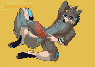 animal_genitalia animal_penis anthro arm_support balls big_penis blue_markings blue_pawpads canine_genitalia canine_penis eye_patch_(marking) facial_markings fur genitals gesture gloves_(marking) grey_balls grey_body grey_fur hand_gesture head_markings knot leaning leaning_backward leaning_on_elbow leg_markings looking_at_viewer lying male markings mask_(marking) multicolored_body multicolored_fur on_back one_eye_closed patch_(marking) patreon_username pawpads penis simple_background socks_(marking) solo tan_body tan_fur text underbelly v_sign yellow_background jeanwoof canid canine fox mammal signature url