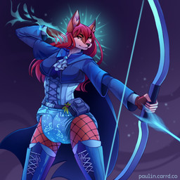 anthro arrow_(weapon) ascot belt belt_pouch blazer bow_(weapon) brooch cape clothing constellation_markings corset diaper female fishnet_clothing fishnet_legwear fur hair holly_(plant) kerchief legwear lingerie long_boots long_hair magic magic_user multicolored_body multicolored_fur orange_body orange_fur plant ranged_weapon red_hair solo stockings thigh_highs topwear two_tone_body two_tone_fur weapon white_body white_fur paulin canid canine fox mammal 1:1 hi_res signature