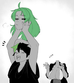:d annoyed areola areola_slip arms_bent black_clothing black_hair black_nails black_sclera black_shirt black_suit black_topwear bodily_fluids bottomwear chest_window clothing colored_nails duo eyes_closed female flying_sweatdrops green_hair green_highlights hair happy hat headgear headwear highlights_(coloring) holding_head long_hair male nails not_furry_focus open_mouth pants pfft sharp_nails shirt short_hair simple_background smile suit sweat sweatdrop topwear white_clothing white_shirt white_topwear wizardo european_mythology irish_mythology mythology dianne_(wizardo) wizardo_(character) dullahan human mammal 2025 monochrome