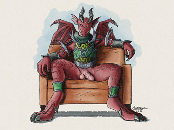 3_toes 4_fingers animal_genitalia animal_penis anklet anthro balls bottomless bottomless_anthro bottomless_male casual_exposure chair claws clothed clothing countershade_balls countershade_crotch countershade_ears countershade_face countershade_genitalia countershade_legs countershade_neck countershade_penis countershade_torso countershading digitigrade feet finger_claws fingers flaccid furniture genitals grey_claws grey_spines head_spines horn jewelry looking_at_viewer male male_anthro medial_ring membrane_(anatomy) membranous_wings no_irises penis pink_sclera pupils red_body red_scales scales shadow simple_background sitting slit_pupils solo spines toes topwear white_background wing_claws wings wrist_guards samareck mythology dragon mythological_creature mythological_scalie scalie 2026 dated digital_drawing_(artwork) digital_media_(artwork) hi_res shaded signature