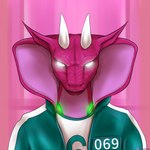 anthro clothing ears_outwards female glowing glowing_eyes glowing_markings horn looking_at_viewer markings pink_body pink_scales pivoted_ears scales simple_background snake_hood solo white_eyes tora_kasai squid_game ti-julie_(puroslavking) cobra mammal reptile scalie snake hi_res