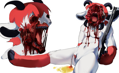 animal_genitalia anthro blood bodily_fluids death decapitation genital_fluids genital_slit genitals gore gun guts horn male organs ranged_weapon severed_body_part severed_head shotgun simple_background snuff solo urine weapon boxwater statera_(boxwater) bovid caprine mammal absurd_res hi_res